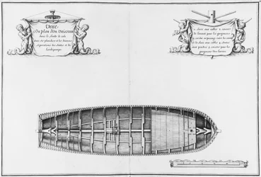 Plano de la bodega de un barco, ilustración del 